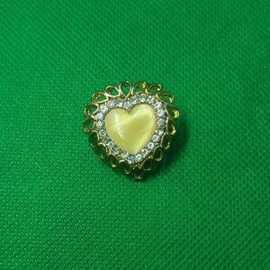 Gold and White Heart-Shaped Brooch with Crystals